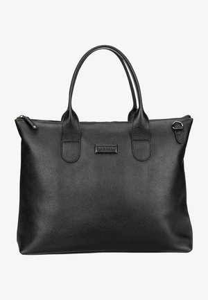 Sac à main en cuir noir avec surface texturée, poignées doubles, fermeture à zip et un petit patch logo. Forme spacieuse et rectangulaire.