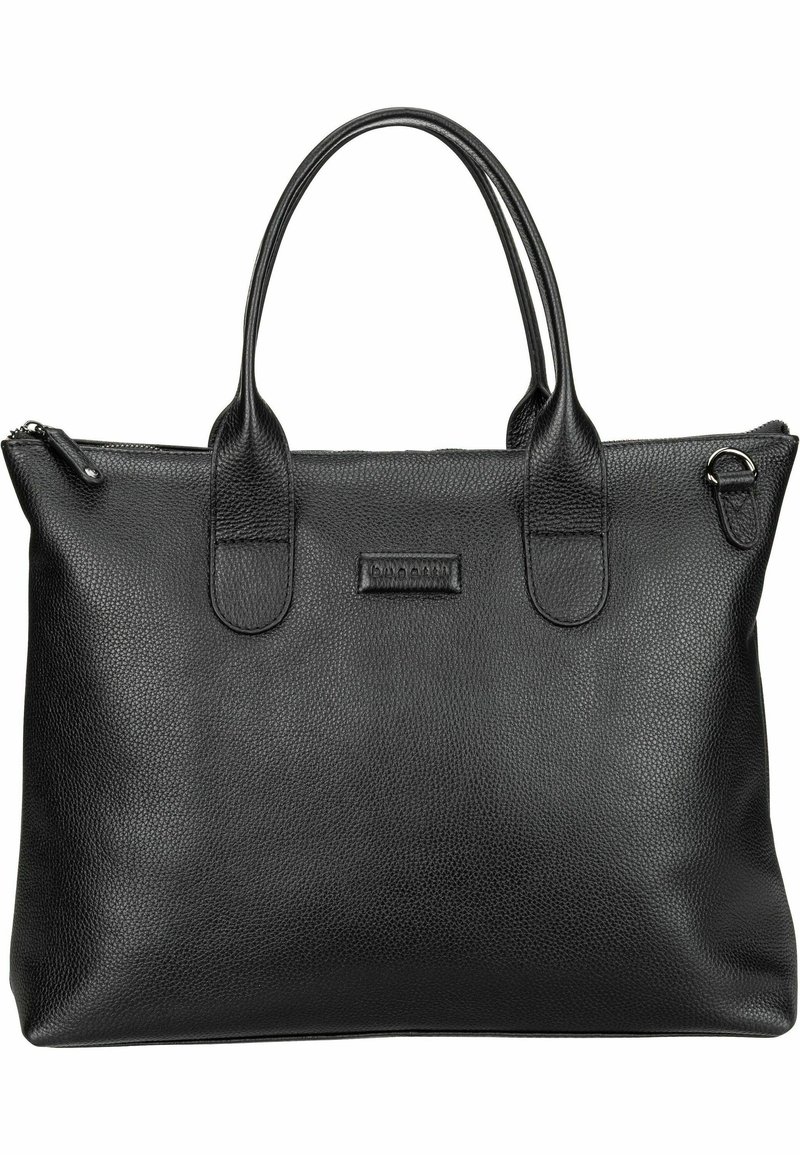 Sac à main en cuir noir avec surface texturée, poignées doubles, fermeture à zip et un petit patch logo. Forme spacieuse et rectangulaire.