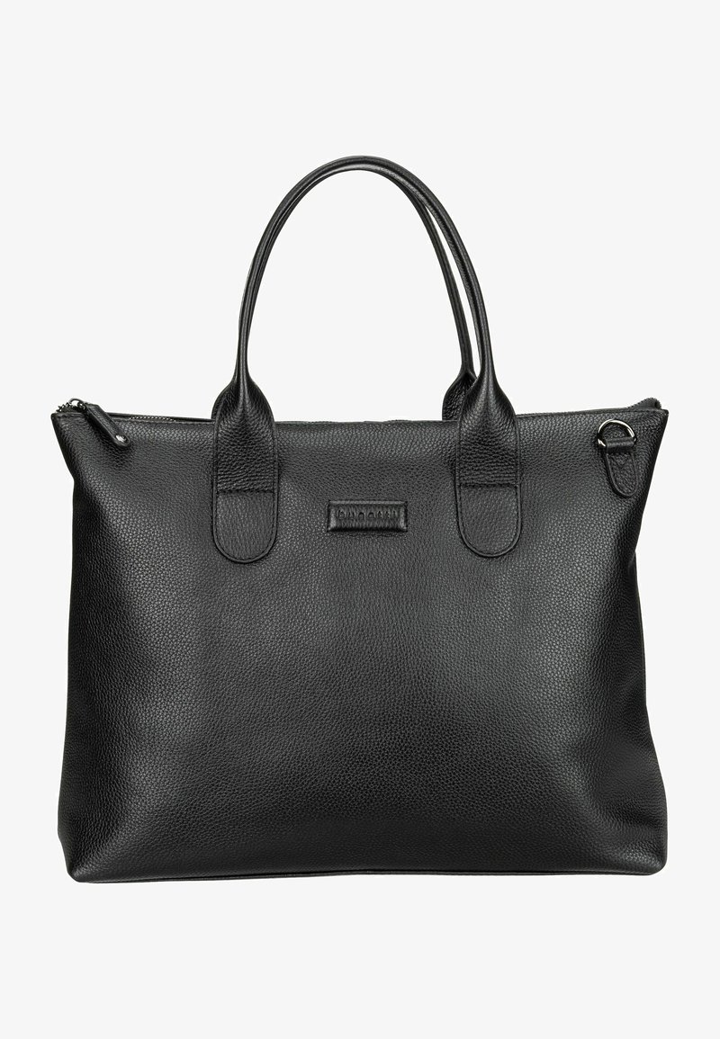 Black leather tote bag with textured surface, dual handles, zip closure, and a small logo patch. Spacious and rectangular shape.
