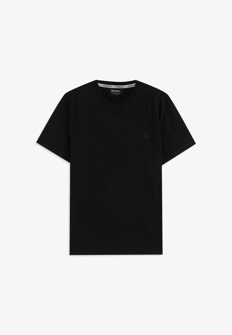 T-shirt nera a maniche corte in cotone con scollo a V. Presenta un logo discreto sul petto sinistro e una texture morbida.