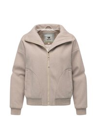 Lichtbeige jas met een hoge kraag, ritssluiting en zijzakken. Gemaakt van zachte, gestructureerde stof met geribde mouwen en zoom.