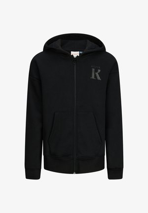 Zwarte rits hoodie met een ruime vo pocket, capuchon en subtiele logo op de borst. Gemaakt van een zachte, gestructureerde stof.