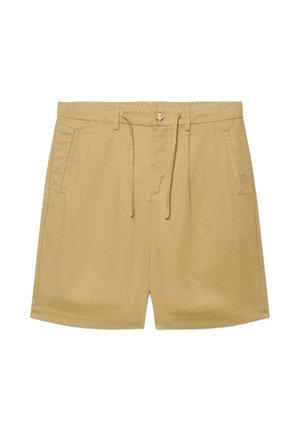 Beige knielange Shorts mit Knopf und Tunnelzugbund, Gürtelschlaufen und zwei Seitentaschen auf weißem Hintergrund.