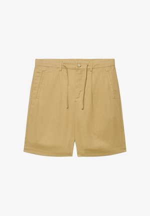 Beige knielange Shorts mit Knopf und Tunnelzugbund, Gürtelschlaufen und zwei Seitentaschen auf weißem Hintergrund.