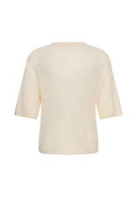 Pull en maille crème à manches courtes avec col rond, vu de dos sur fond blanc.