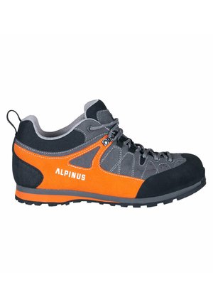 Buty wspinaczkowe z syntetycznym cholewką w kolorach czarnym, szarym i pomarańczowym. Posiadają sznurowanie, gumowy czubek oraz teksturowaną podeszwę dla lepszej przyczepności.