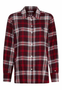 Rød og sort ternet skjorte med lange ærmer, knappelukning foran, en klassisk krave og hvide detaljer i mønsteret. Har et logo på brystet.