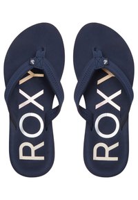 Navy blue flip-flops with a textured footbed, featuring a contrasting gold "ROXY" logo across the straps and a simple thong design.