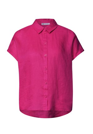 Blouse fuchsia à manches courtes avec col et ourlet légèrement arrondi, en tissu léger.
