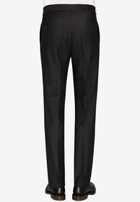 Schwarze maßgeschneiderte Hose mit glatter Textur, ausgestattet mit zwei Gesäßtaschen und einem geraden Schnitt. Material aus Polyester-Mischung.