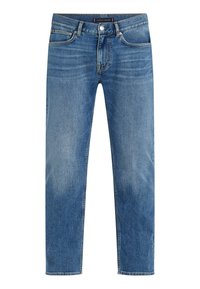 Blå jeans med lige ben, forlommer, knaplukning, bæltestropper og let falmet detaljer på lår og knæ.