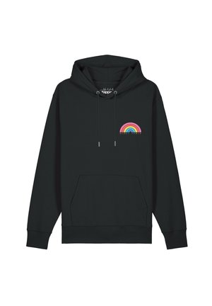 Sweat à capuche noir avec poche avant et cordons, avec un petit arc-en-ciel coloré et le texte "Women Power" sur le côté gauche de la poitrine.