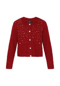 Czerwony dziergany kardigan z okrągłym dekoltem, ozdobiony błyszczącymi kamieniami z przodu oraz pięcioma dopasowanymi guzikami. Miękka, teksturowana tkanina.