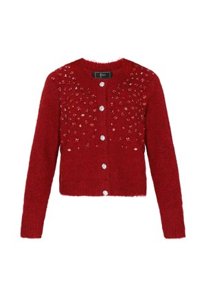Cardigan rosso lavorato a maglia con scollatura rotonda, decorato con pietre lucide sul davanti e cinque bottoni coordinati. Tessuto morbido e testurizzato.