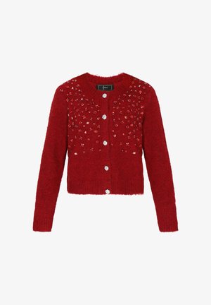 Červený pletený cardigan s kulatým výstřihem, zdobený lesklými kamínky na přední straně a pěti odpovídajícími knoflíky. Měkká, strukturovaná tkanina.