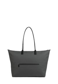 Borsa a tracolla grigia con una texture liscia e opaca. Presenta due manici neri, chiusura con zip superiore e una tasca frontale con zip per riporre gli oggetti.