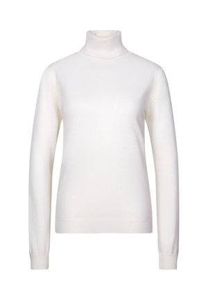 Hvid rullekrave-sweater med lange ærmer. Lavet af blødt materiale, den har en tætsiddende form og ribbede manchetter og kant. Minimalistisk design.