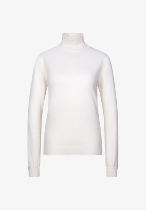 Hvid rullekrave-sweater med lange ærmer. Lavet af blødt materiale, den har en tætsiddende form og ribbede manchetter og kant. Minimalistisk design.