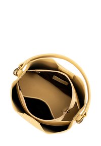 Borsa a tote in pelle gialla con un ampio interno, superficie liscia e tasca con zip. Include doppi manici e hardware color oro.