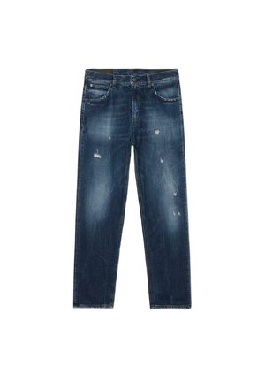 Jeans in denim blu scuro con un design a gamba dritta, caratterizzati da dettagli strappati e un leggero sbiadimento in tutto. Stile a cinque tasche.