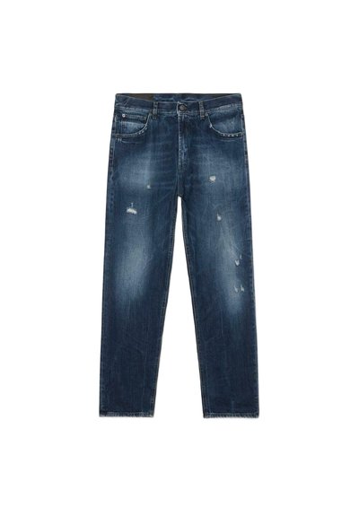 Jeans in denim blu scuro con un design a gamba dritta, caratterizzati da dettagli strappati e un leggero sbiadimento in tutto. Stile a cinque tasche.