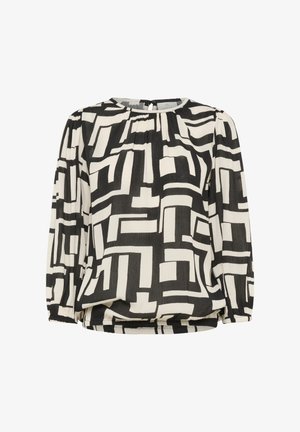 Zwart-wit patroon blouse met een ronde hals, zachte stof, geplooide details en elastische randen. Beschikt over een geometrisch ontwerp.