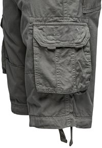 Gray cargo shorts made of soft fabric, featuring large side pockets and drawstring at the hem for adjustable fit. Wrinkled texture visible.
