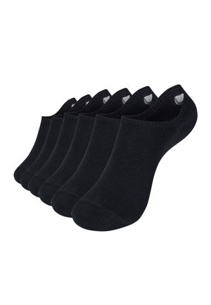 Seis pares de calcetines tobilleros negros de corte bajo, dispuestos en fila sobre un fondo blanco.