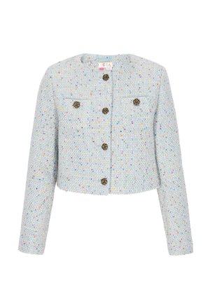 Veste courte en tweed bleu clair avec des éclats multicolores, manches longues, encolure ronde, et boutons métalliques floraux sur le devant et sur les poches plaquées.