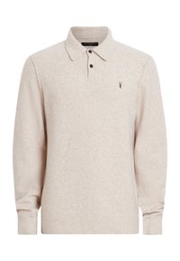 Pulls in maglia beige con una texture morbida, polsini a coste e colletto classico. Presenta un logo nero sul lato sinistro del petto.