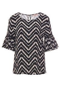 Schwarze Bluse mit weißem floralem Zickzackmuster, ausgestellten Ärmeln und einem Schlüsselloch-Öffnung hinten. Hergestellt aus leichtem Stoff.