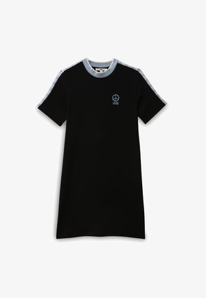 Zwarte t-shirtjurk met korte mouwen, een ronde hals met lichtblauwe accenten en een klein vredessymboollogo op de borst.