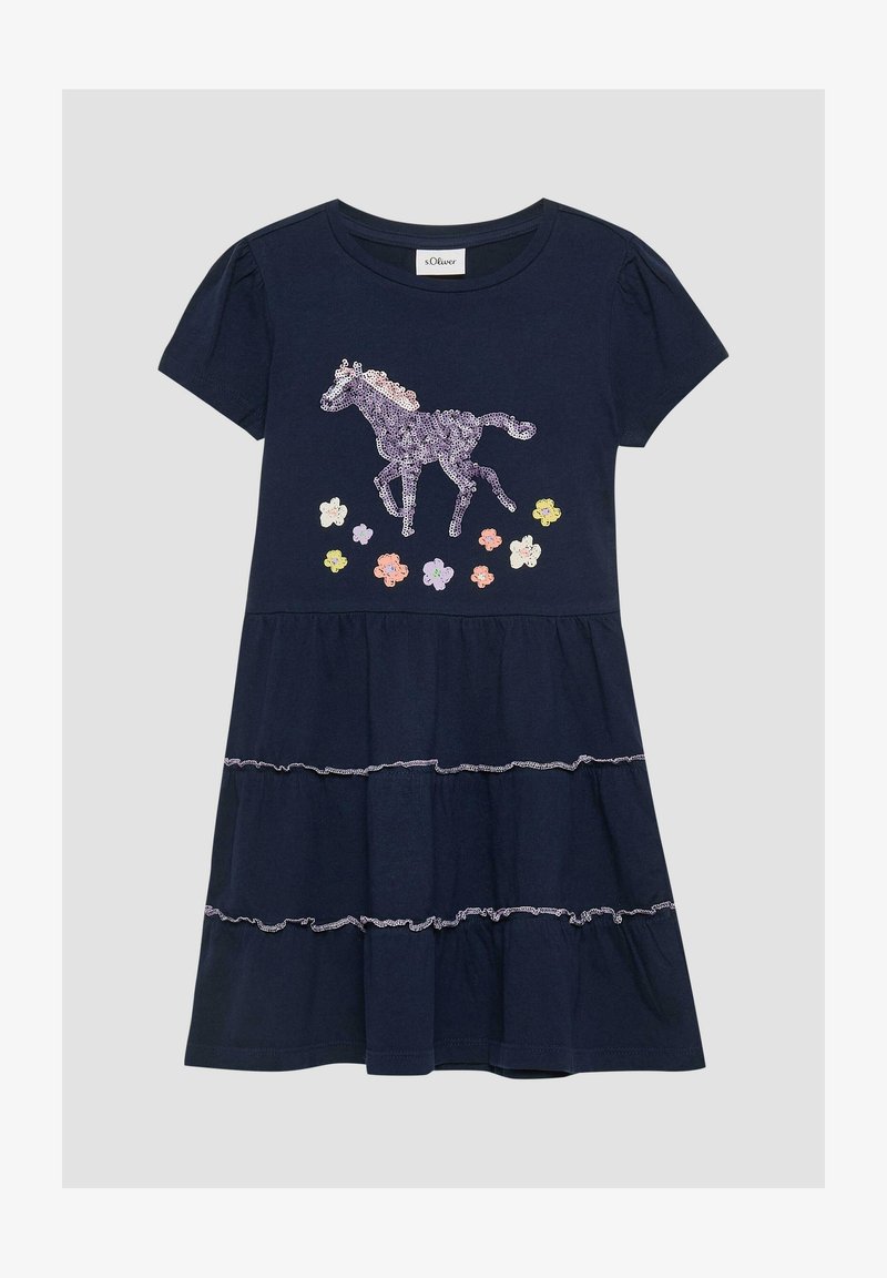 Robe bleu marine à manches courtes avec jupe à volants, cheval violet pailleté sur la poitrine et fleurs brodées colorées sous le cheval.