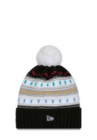 Knit beanie featuring a black brim, multicolored horizontal stripes, a white pom-pom on top, and a small logo on the side.