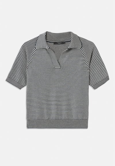 Striped short-sleeve polo shirt in black and white with a soft texture, featuring a folded collar and ribbed hem.