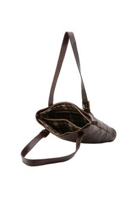 Sac à bandoulière en cuir brun avec une ouverture zippée, doté d'une doublure intérieure à carreaux et de deux compartiments. Texture lisse et bandoulière réglable.