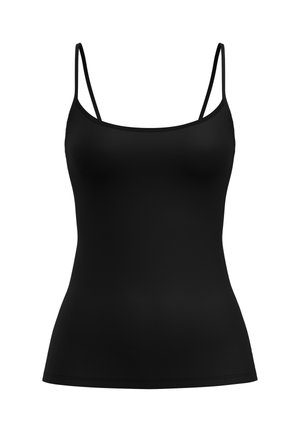 Top corto nero con spalline sottili realizzato in tessuto liscio, caratterizzato da una silhouette aderente e cuciture minime per un aspetto elegante.