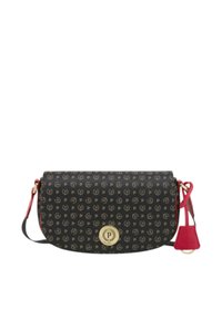 Borsa a tracolla nera con un design decorato in oro. Presenta una chiusura rotonda dorata e un manico con accento rosso. Texture liscia, dimensione media.