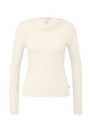 Roomkleurig dames shirt met lange mouwen, geribbeld, met gegolfde zoom en manchetten, ronde hals, maat small, effen design.