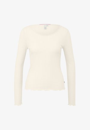 Roomkleurig dames shirt met lange mouwen, geribbeld, met gegolfde zoom en manchetten, ronde hals, maat small, effen design.