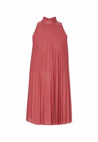 Abito midi senza maniche, con collo alto e plissettato, realizzato in un tessuto rosa brillante con una leggera finitura metallica e chiusura con bottoni posteriori.