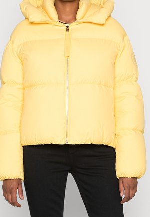 Personne portant une doudoune jaune avec une fermeture éclair à l'avant et un pantalon noir, visible du cou aux hanches sur un fond uni.