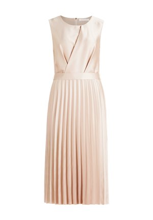 Pale pink sleeveless dress with a pleated skirt, soft satin material, wrap-style bodice, and a concealed back zipper.