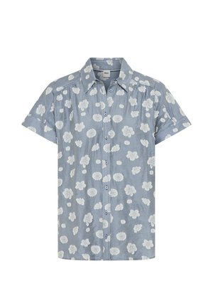Chemise bleue à manches courtes avec boutons, motif floral blanc et col classique, conçue pour un usage décontracté.