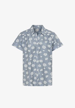 Chemise bleue à manches courtes avec boutons, motif floral blanc et col classique, conçue pour un usage décontracté.