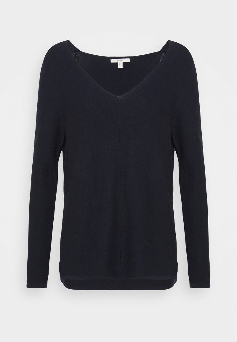 Pull noir à manches longues avec col en V, tissu légèrement texturé et ourlet droit sur un fond uni.
