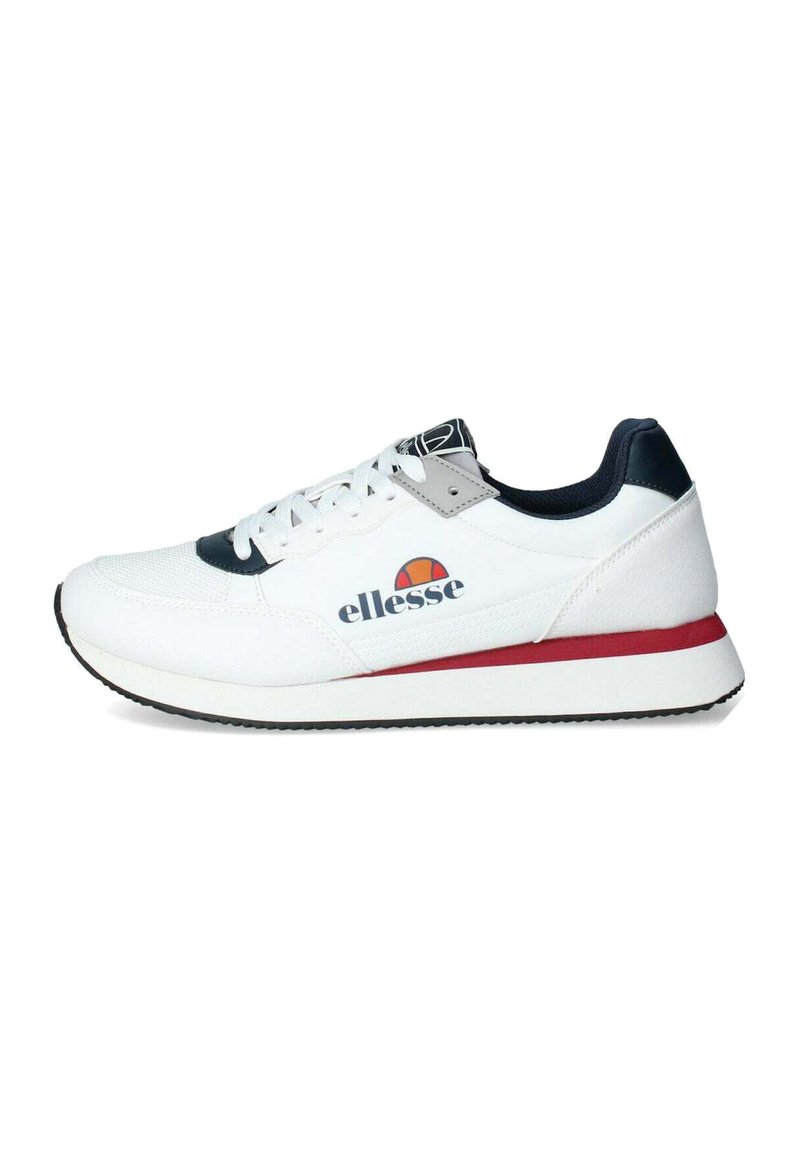 Sneaker bianca con dettagli blu e rossi, con una tomaia testurizzata, suola leggera e logo laterale. Design con lacci.