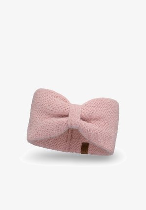 Gestricktes rosa Stirnband mit großer Schleife vorne. Weiche Textur, breites Design und ein kleines braunes Etikett an der Seite.