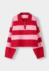 Red and pink striped cropped polo sweater with a collar, three buttons, and knitted texture, featuring long sleeves and ribbed cuffs.