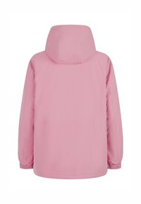 Roze waterdichte jas met een capuchon, lange mouwen, elastische manchetten en een eenvoudig ontwerp. Gladde textuur en een losse pasvorm.